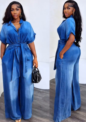 Women Summer Turndown Collar Button Lace Short Sleeve Wide Leg Jumpsuit