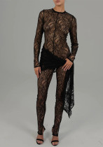 Women Spring Lace See-Through Sexy Long Sleeve Jumpsuit