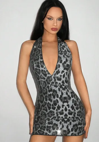 Women Spring Summer Sexy V Neck Leopard Print Backless Dress