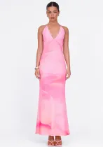 Women Spring Summer Sexy Backless Printed V-Neck Lace-Up Dress