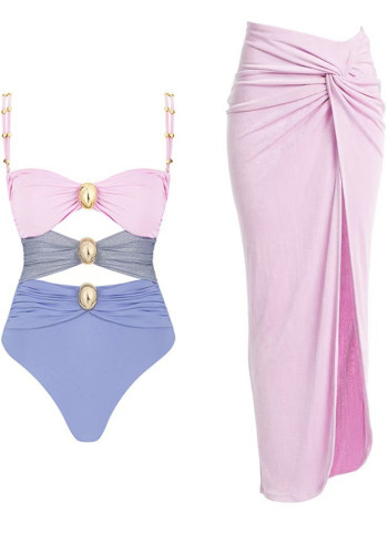 Women Color Block Hollow Sexy One-Piece Swimwear  Two-Piece Set