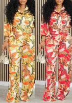 Autumn Spring Printed Long Sleeve Shirt Wide-Leg Pants Two Piece Set