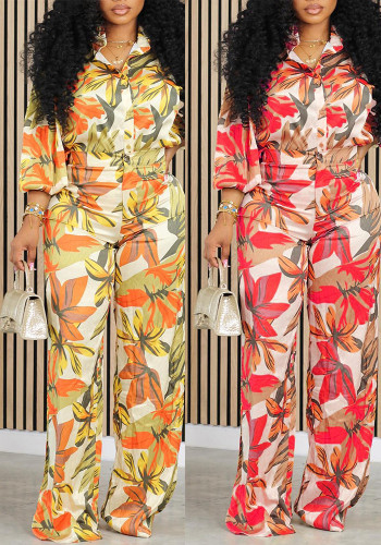 Autumn Spring Printed Long Sleeve Shirt Wide-Leg Pants Two Piece Set