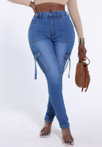 Elastic Lace-up Flap Pocket Slim Fit Butt Lifting Denim Pants