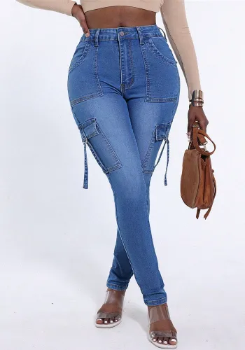 Elastic Lace-up Flap Pocket Slim Fit Butt Lifting Denim Pants