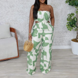 Women Elegant Strapless Printed Wide-leg Jumpsuit