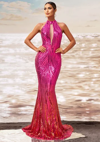 Women Round Neck off-shoulder Bodycon sequin Formal Party fishtail evening gown