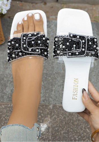 Plus Size Women rhinestone beach slippers bowknot beaded sequined flat slippers
