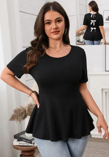 Plus Size Women's Black Round Neck Short Sleeve Bow Tie Top