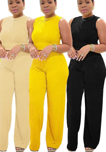 Casual High Stretch Ribbed Sleeveless Tank Top Wide Leg Pants Two Piece Set