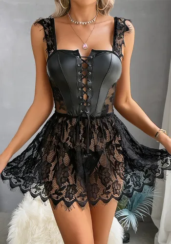 Patent Leather Lace Patchwork Sexy NightDress lingerie
