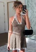 Spring Summer Leopard Print Low Back Lace Patchwork Halter Dress