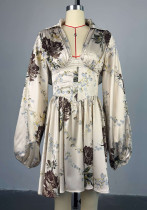Women spring elegant printed v-neck lantern sleeve dress
