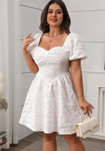 Plus Size Square Neck Puffy Short Sleeve White Dress