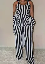 Women's Summer Fashion Casual Plus Size Black White Striped Sleeveless Two Piece Pants Set