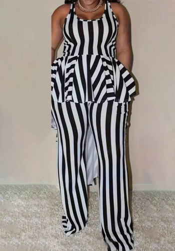 Women's Summer Fashion Casual Plus Size Black White Striped Sleeveless Two Piece Pants Set