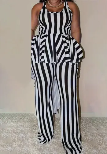 Women's Summer Fashion Casual Plus Size Black White Striped Sleeveless Two Piece Pants Set