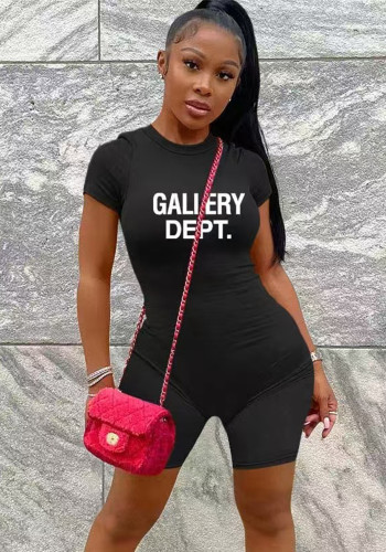 Ribbed Letter Printed Short Sleeve Tight Fit Jumpsuit