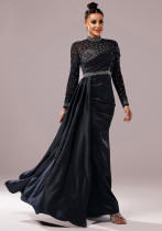 Women Long Sleeve Round Neck Bodycon Sequin Formal Party Fishtail Evening Dress