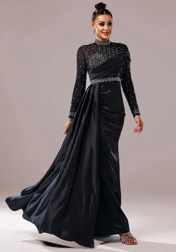 Women Long Sleeve Round Neck Bodycon Sequin Formal Party Fishtail Evening Dress