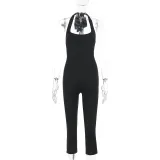 Women Halter Neck Spring Solid Jumpsuit