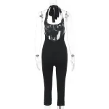 Women Halter Neck Spring Solid Jumpsuit