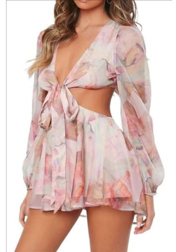 Women summer casual lantern sleeve hollow chiffon jumpsuit