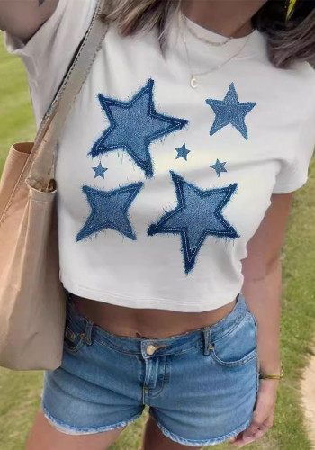 Women retro star Round Neck short-sleeved T-shirt