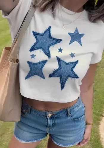 Women retro star Round Neck short-sleeved T-shirt