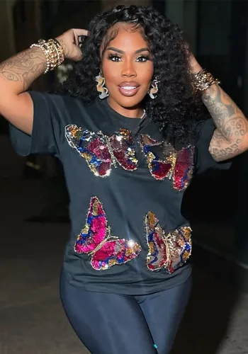 High Street Sequin Embroidered Round Neck Short Sleeve T Shirt