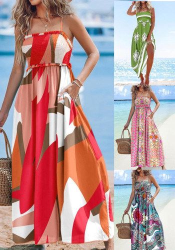 fashion strap printed casual loose holiday dress