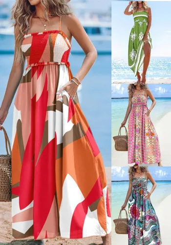 fashion strap printed casual loose holiday dress