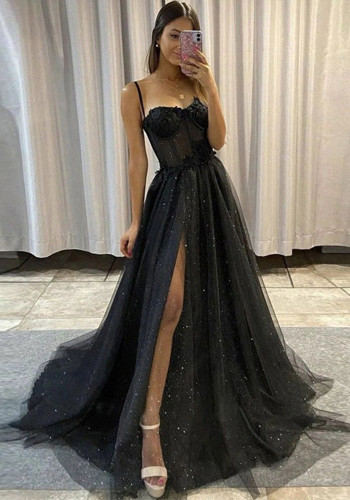 Spring and Fall Chic Slim Fit Formal Party Gown Straps Long Split Dress（Processing time need 3-6 days）