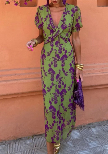 Women's fashion printed V-neck long dress