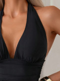 women black pleated sexy halter low back two-piece swimsuit