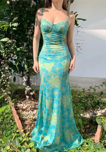 Sexy Print Lace Trim Strap slim Mermaid Dress