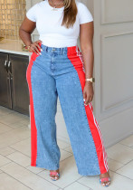 Summer fashion patchwork striped wide leg casual straight pants denim trousers