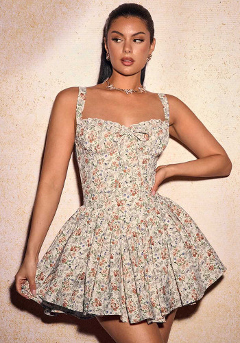 Floral ruffle strap A-line short dress