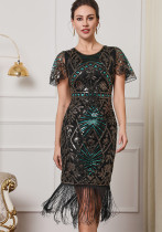 ball short-sleeved tassel dress cocktail party embroidered sequined mesh beaded dress