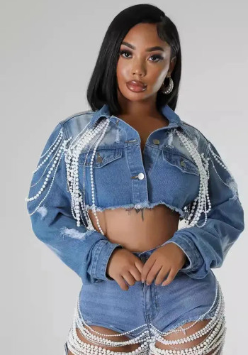 fashion pearl chain beading denim short jacket
