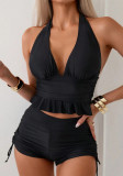 women black pleated sexy halter low back two-piece swimsuit