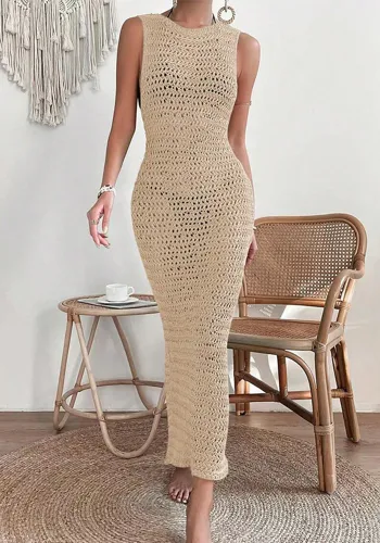 Summer Knitted Hollow Beach Sexy Cover-Up Slit Dress