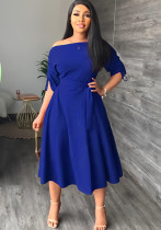 Slash-Shoulder Slim Waist Midi Casual Dress