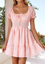 Plaid Square Neck Short Sleeves A-Line Dress