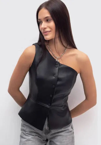 Women Summer Pu Leather Slash Shoulder Sexy Off-shoulder Top