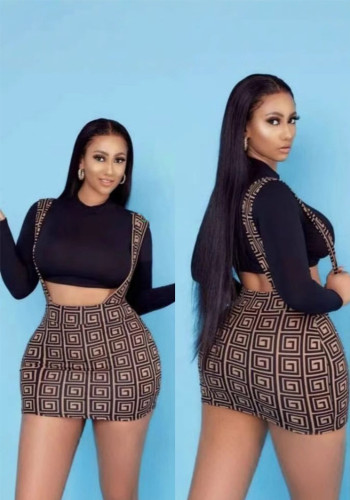 Women Half-high Neck Long Sleeve Crop Top Strap Skirt Two-piece Set