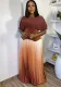 Women pleated v-neck sexy Shiny Top and gradient elegant Skirt two-piece set