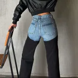Women Spring Color Patchwork Denim Wide-leg pants