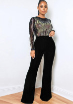 Women Round Neck Mesh Zipper Long Sleeve Beaded Jumpsuit