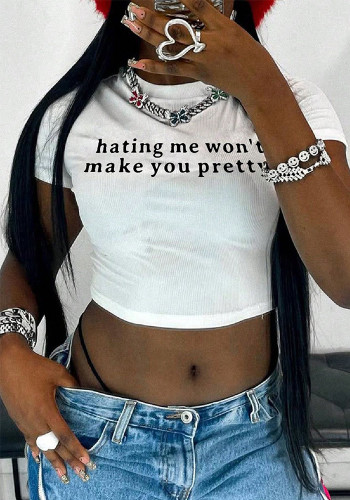 Women Summer Round Neck Letter Print Crop Top T-Shirt